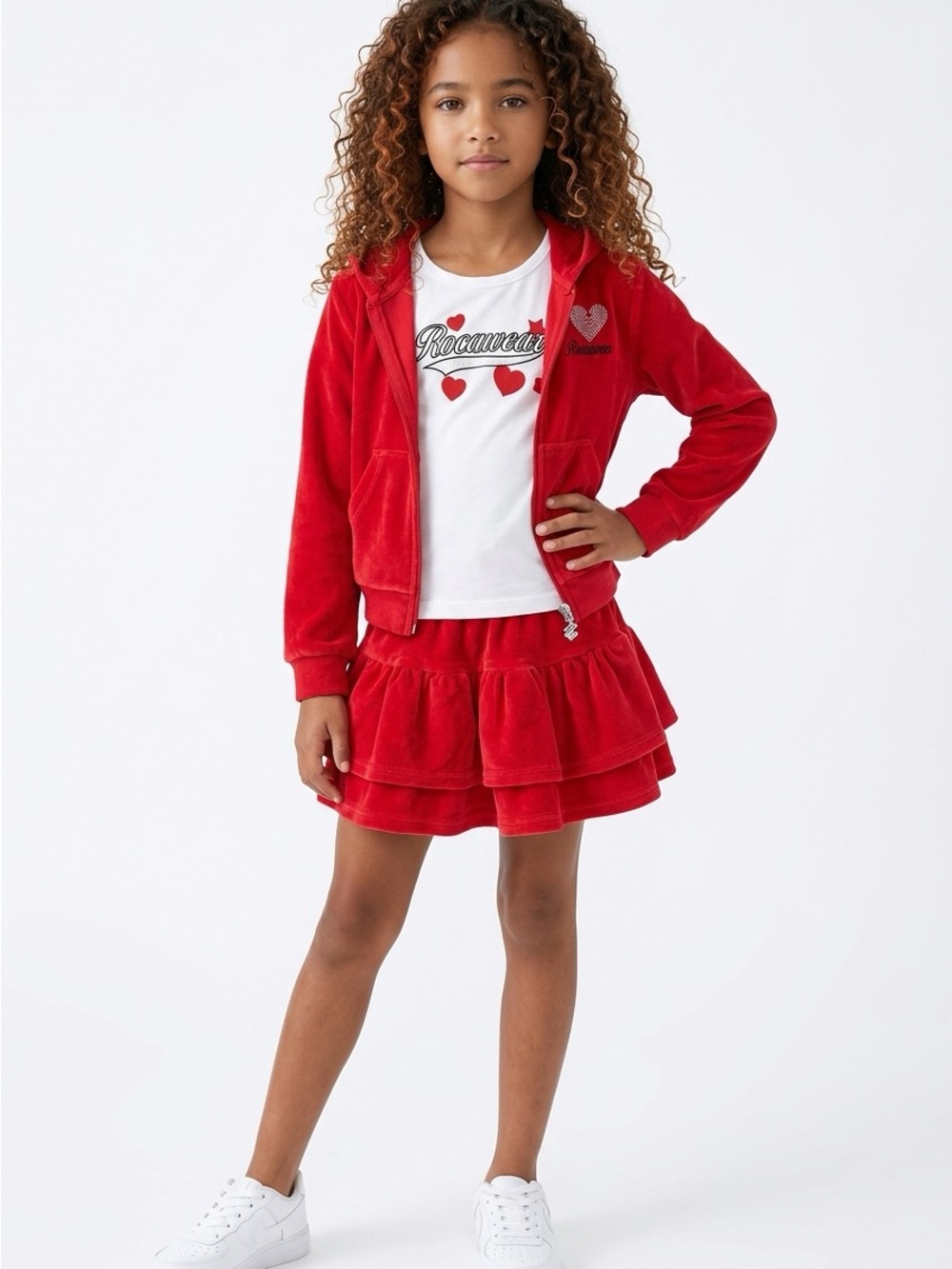 Rocawear Red Velour Zip Hoodie & Skirt Set with White Heart Tee 3 psc set